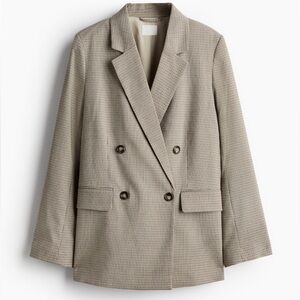 H&M Double-Breasted Plaid Blazer Jacket - Beige